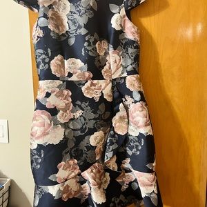Eliza J dress, blue with pink flowers. Cap sleeves, knee length, fitted thru hip